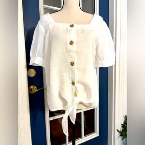 Talbots Linen White Short Sleeve Tie Front Blouse Size Medium